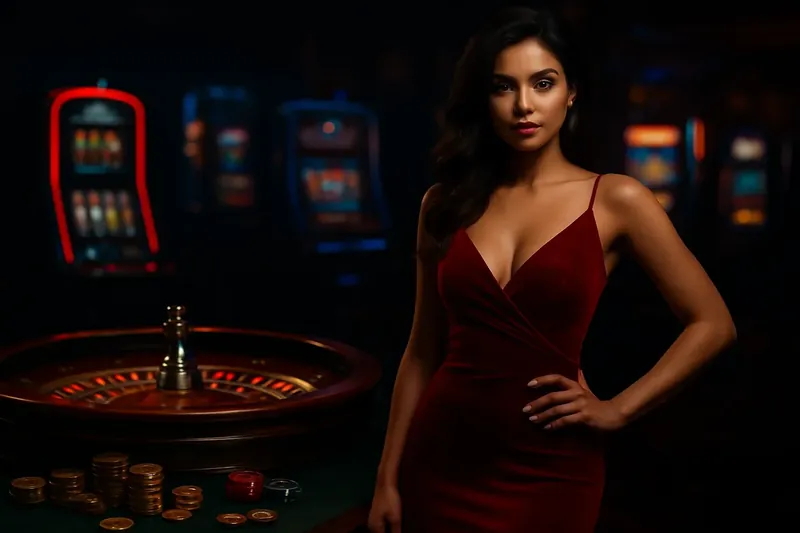 Elegant woman in red dress near roulette and slot machines with gold coins and poker chips in luxury Bangladesh casino