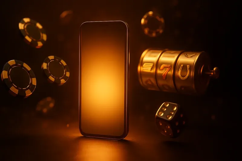 Glowing smartphone with casino chips, slot reels, and dice on dark luxurious background